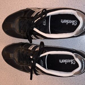 SKECHERS Women's Black, Silver & White Leather/Synthetic Sneakers